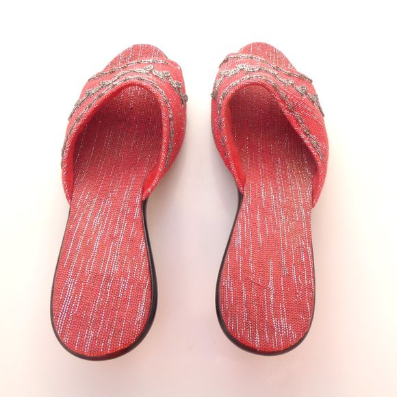 Red and silver metallic fabric beaded mid heel mules size 7.5 - Picture 7 of 10